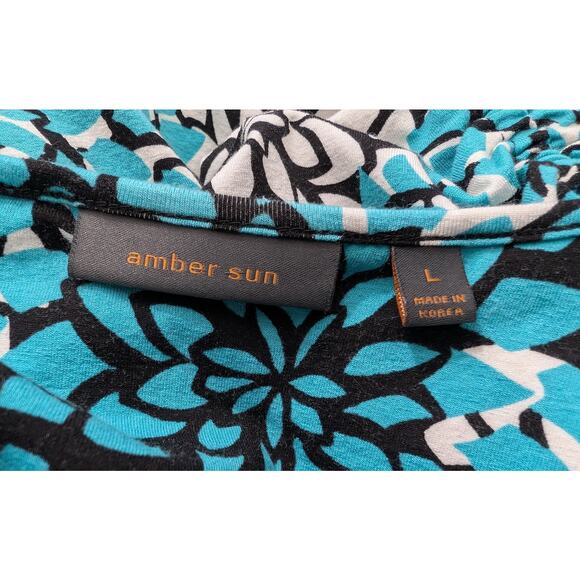 Amber Sun Top Turquoise Black White Floral Print Side Tie Top Misses Size L - Picture 5 of 7